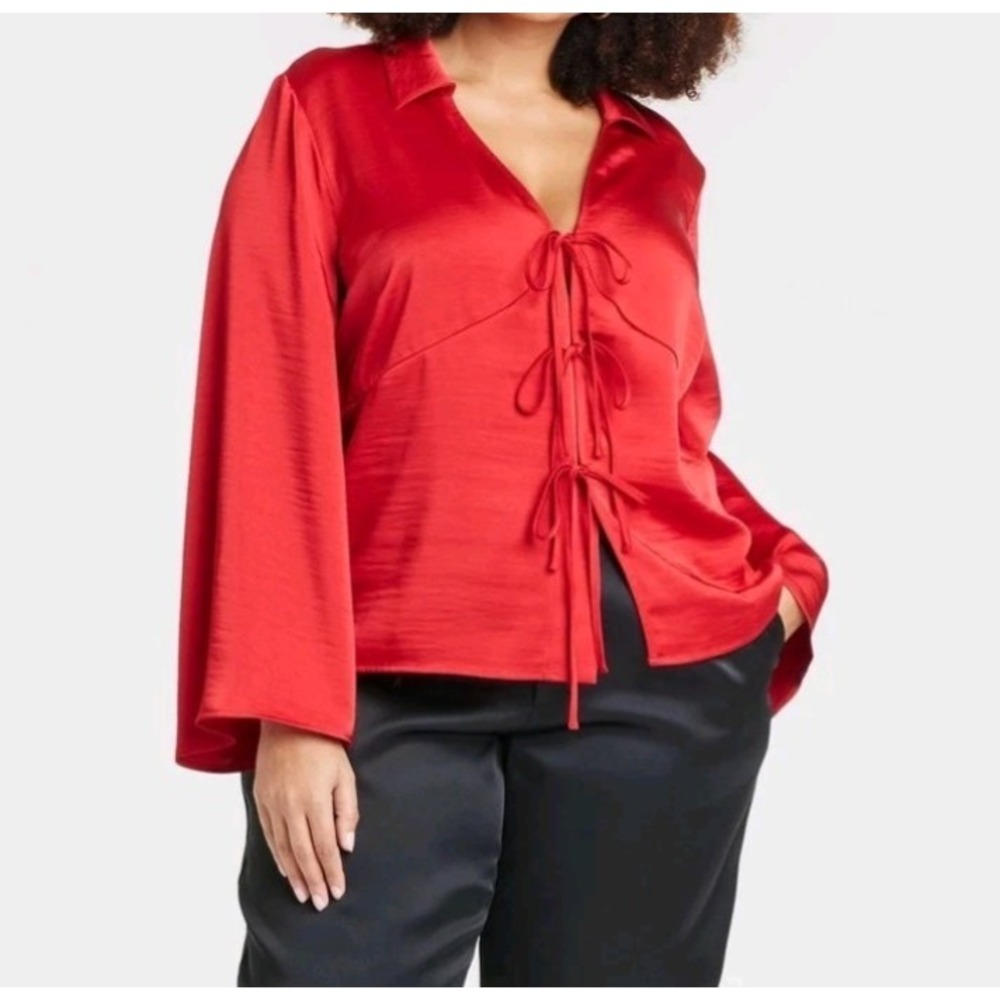 A New Day Women's Long Sleeve Satin Tie Blouse XX-LARGE Red Silky Soft New